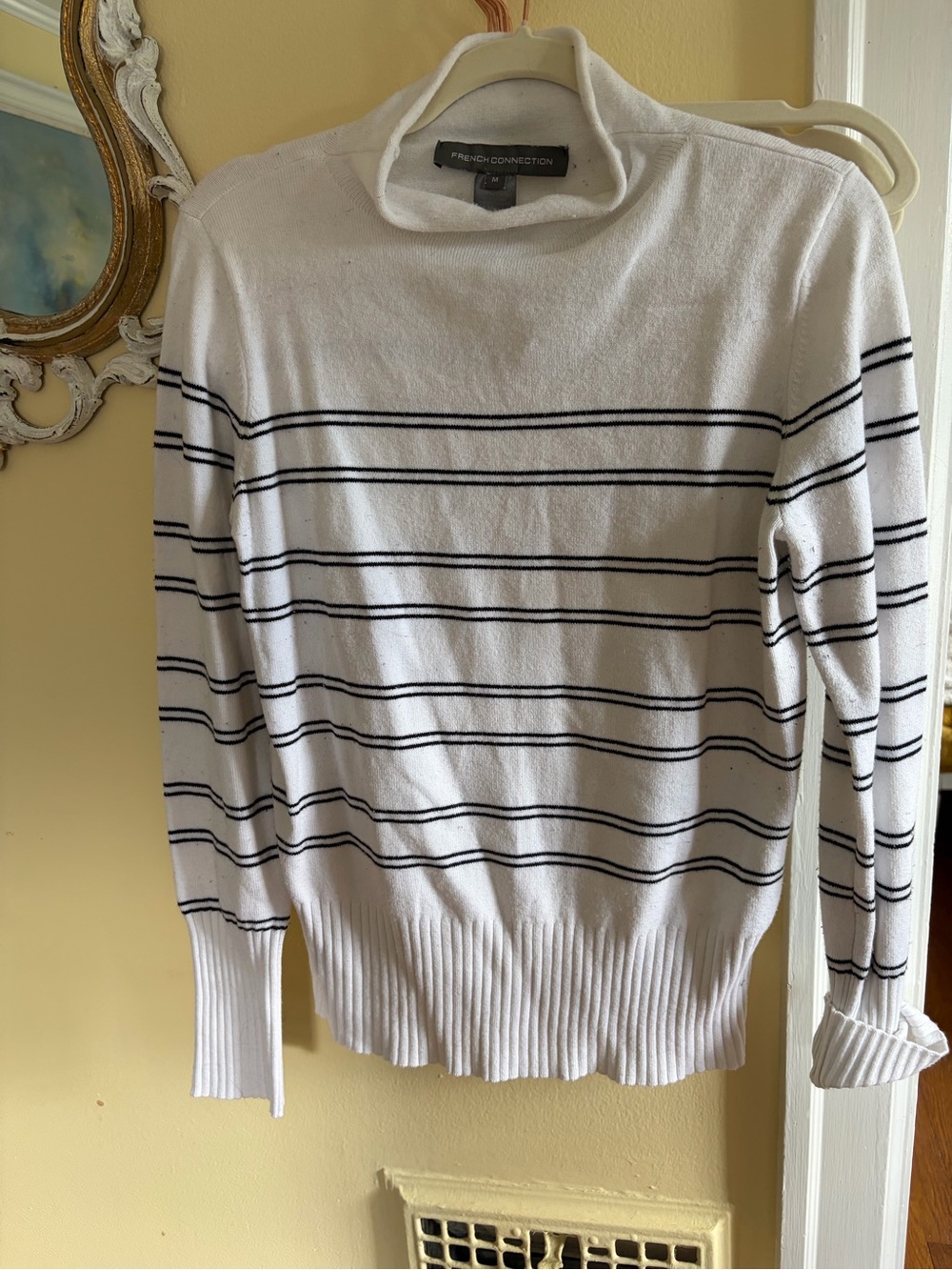French Connection Medium White Crewneck Sweater with Black Stripes